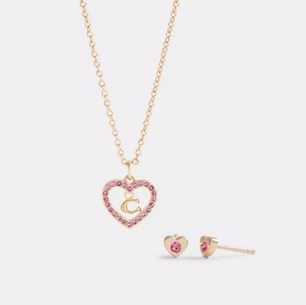 💕🔹️COACH 🔹️HEART NECKLACE AND STUD EARRINGS SET - Picture 1 of 5